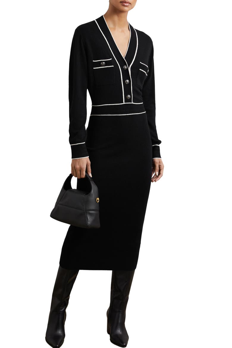 Lorrie Tipped Long Sleeve Wool & Cashmere Blend Sweater Dress, Main, color, BLACK/IVORY