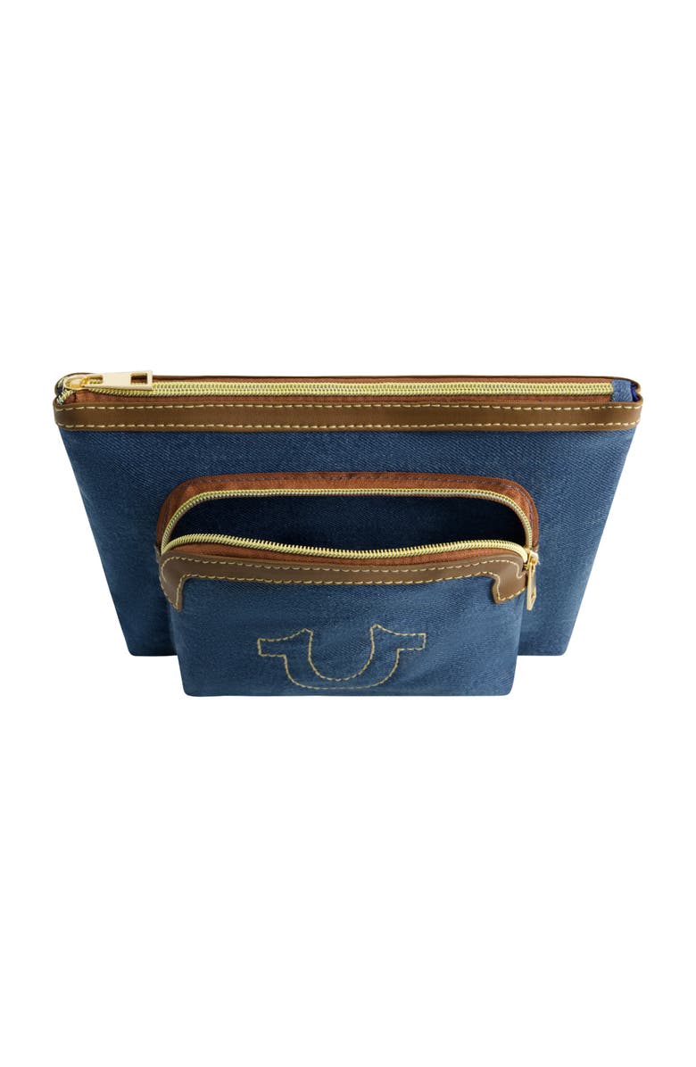 True Religion Trapezoid Zip Cosmetic Bag with Exterior Zip Pocket, Gold Hardware, Alternate, color, Denim