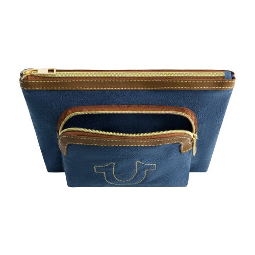 True Religion Trapezoid Zip Cosmetic Bag With Exterior Zip Pocket, Gold Hardware