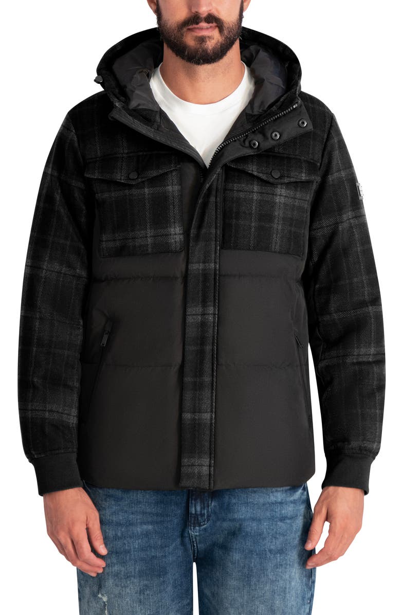 KARL LAGERFELD Mixed Media Puffer Jacket, Main, color, Black Combo