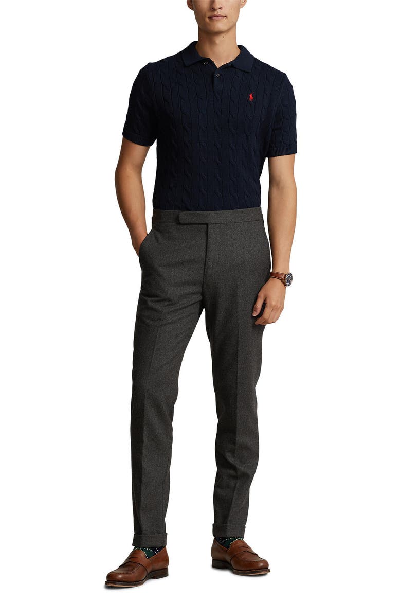 Cable-Knit Cotton Polo Sweater, Alternate, color, HUNTER NAVY