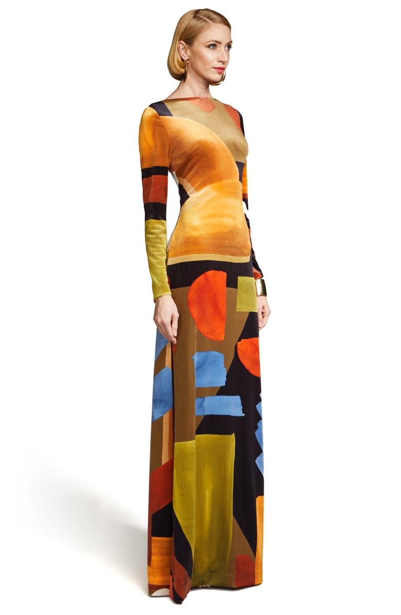 HALSTON Rekha Geo Print Long Sleeve Velvet Gown, Alternate, color,