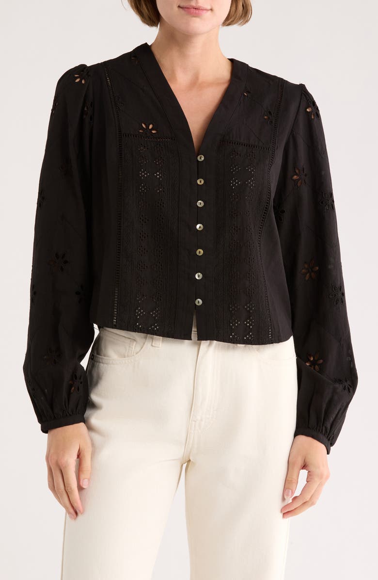 INDUSTRY REPUBLIC CLOTHING Button Front Eyelet Shirt, Main, color, Black
