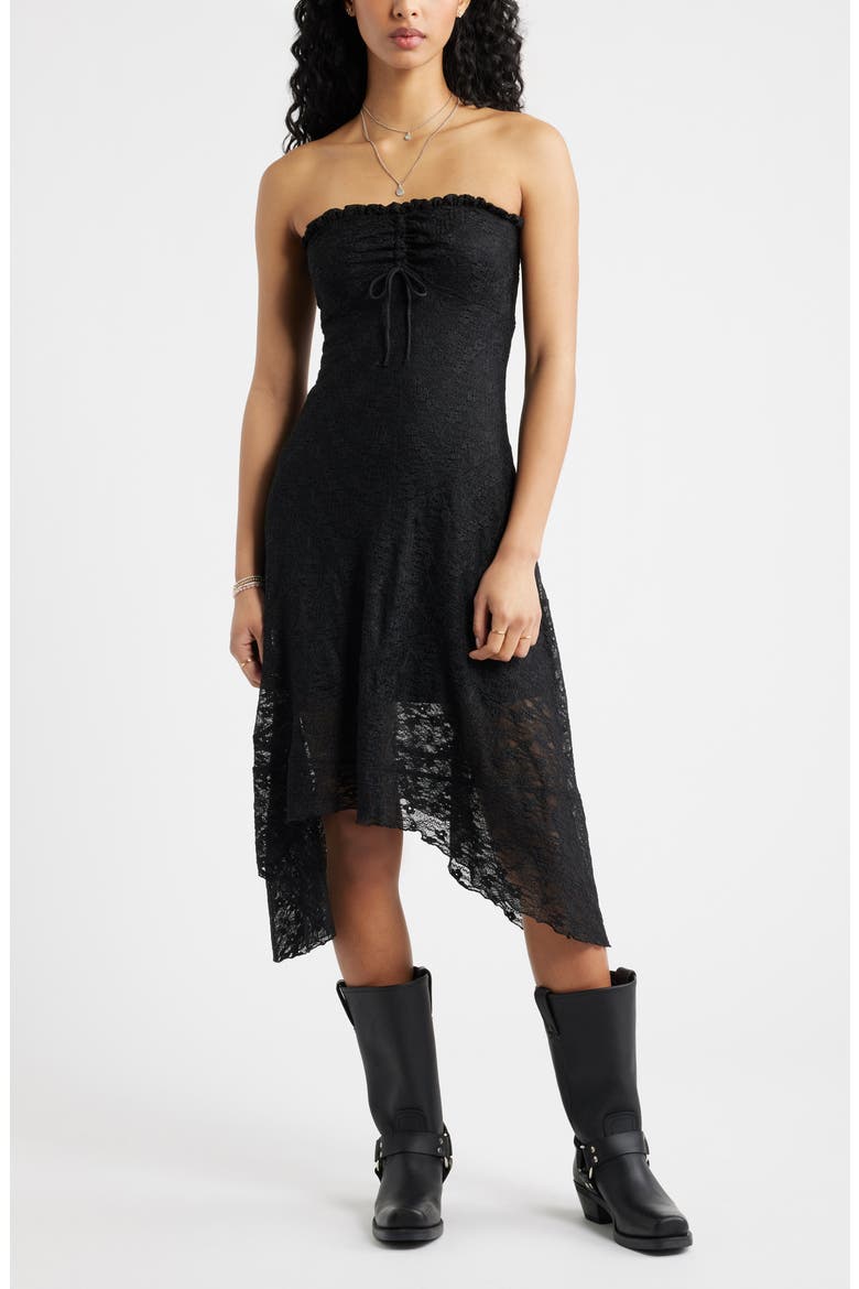 Strapless Lace Asymmetric Hem Dress, Main, color, BLACK