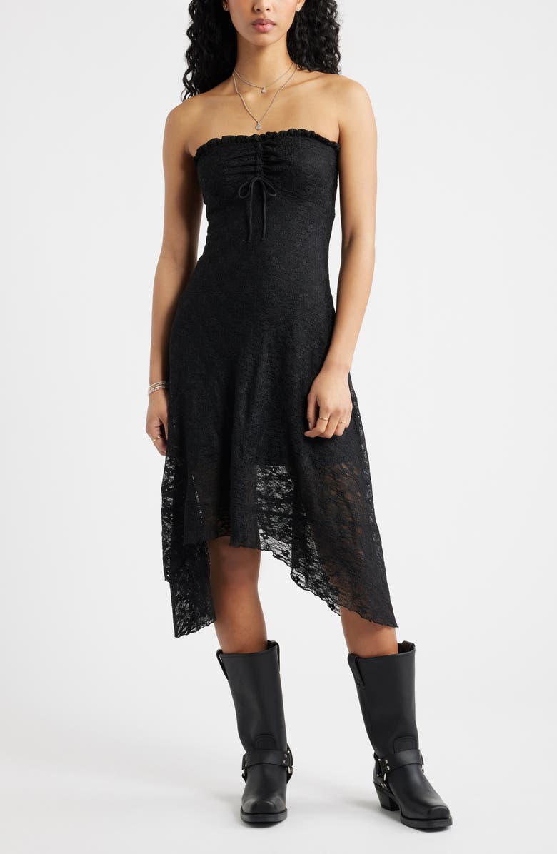 BP. Strapless Lace Asymmetric Hem Dress, Main, color, Black