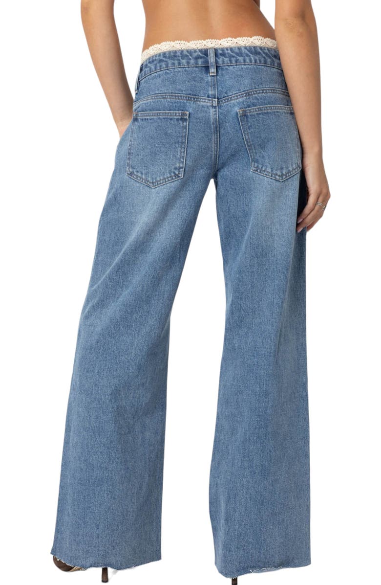 EDIKTED Karlie Lace Trim Low Rise Wide Leg Jeans, Alternate, color, Blue