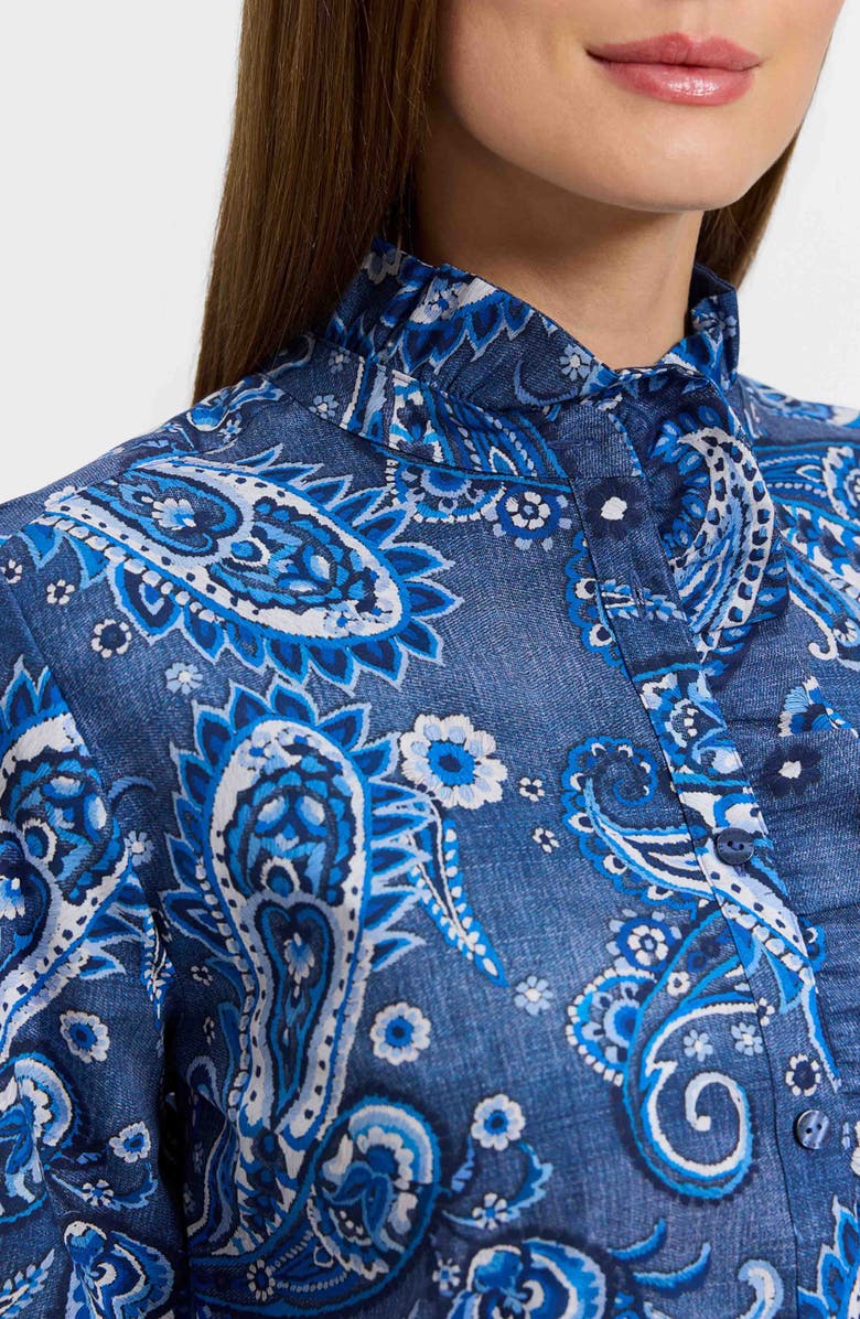 Foxcroft Sadie Paisley Ruffle Cotton Poplin Button-Up Shirt, Alternate, color, Blue/ Multi