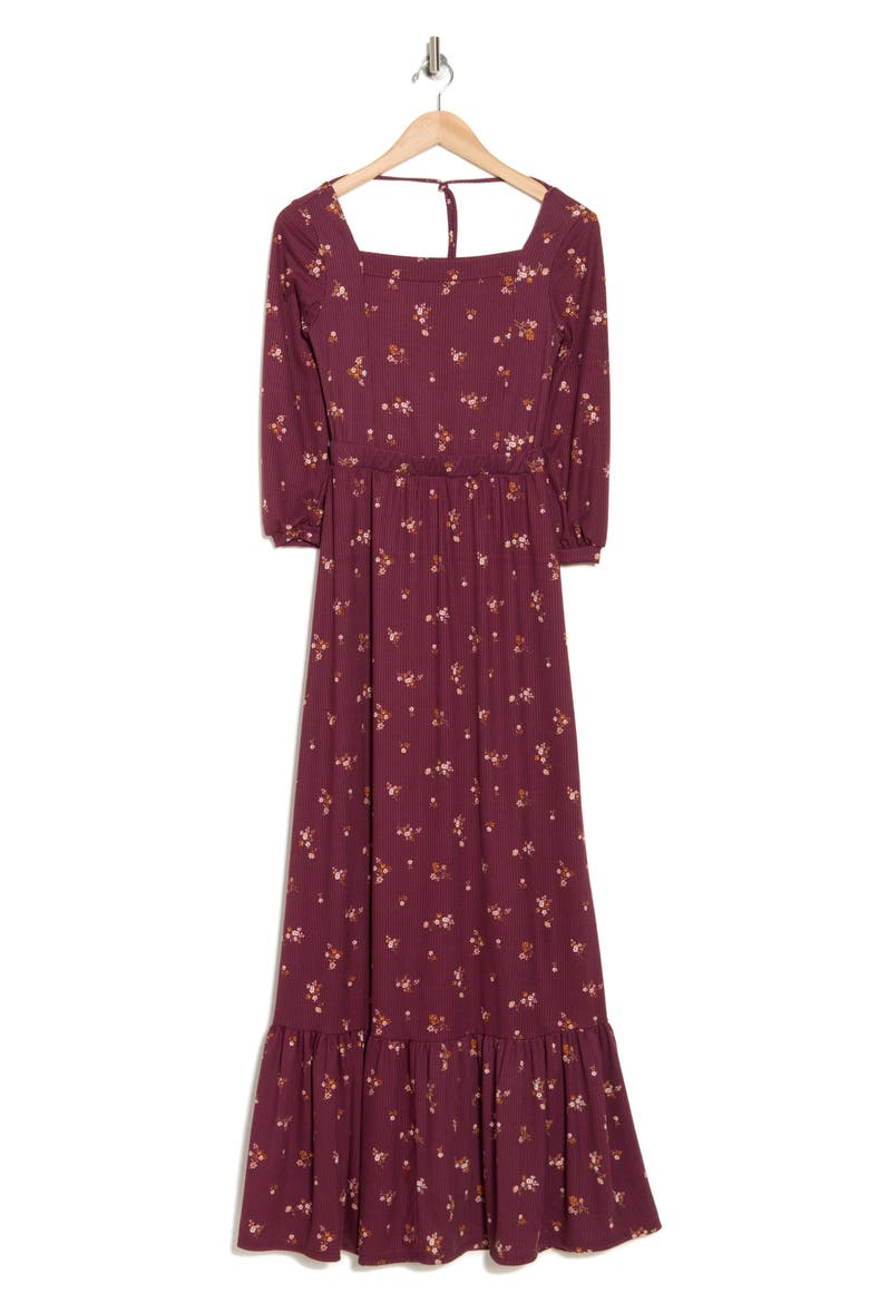 Square Neck Maxi Dress, Alternate, color, MAROON FLORAL RIB PRINT
