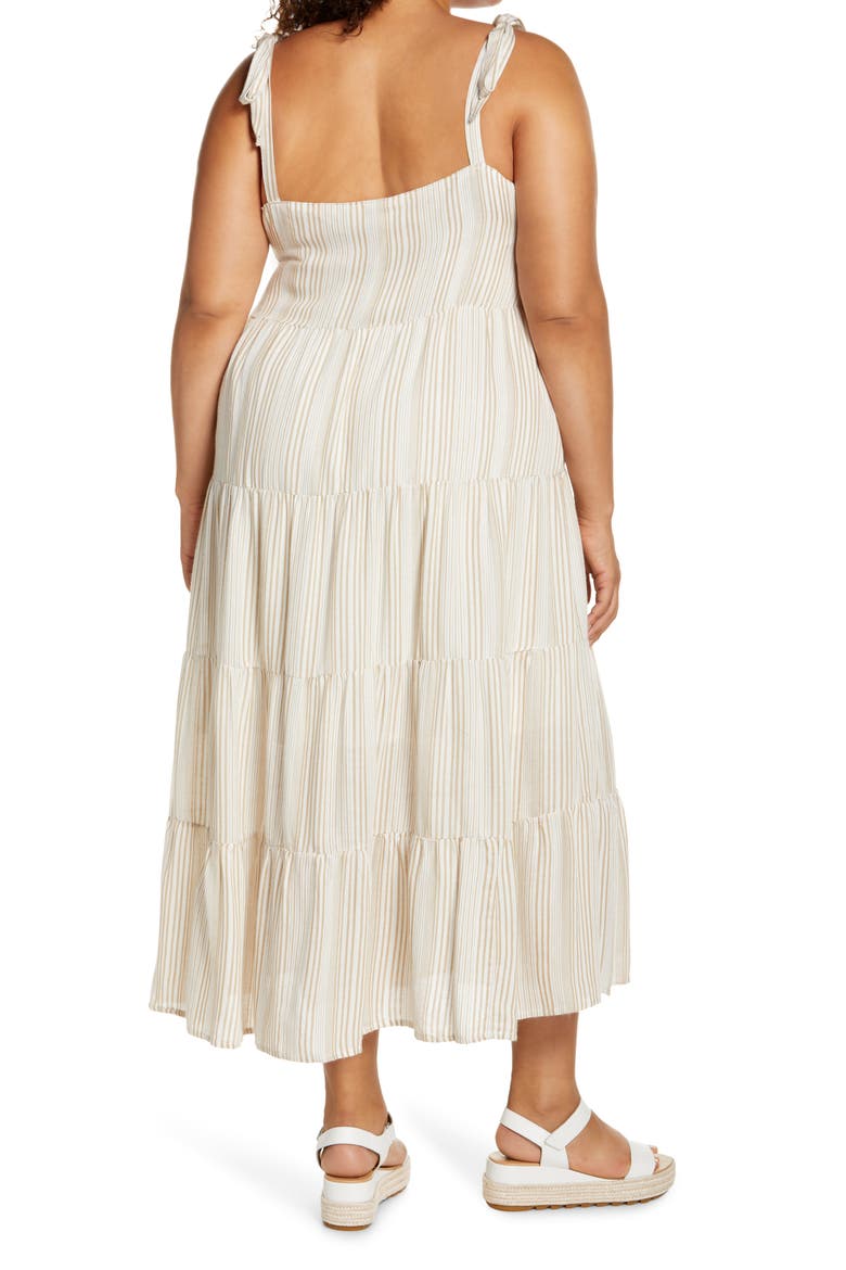 Tie Shoulder Tiered Maxi Dress, Alternate, color, IVORY- KHAKI STRIPE
