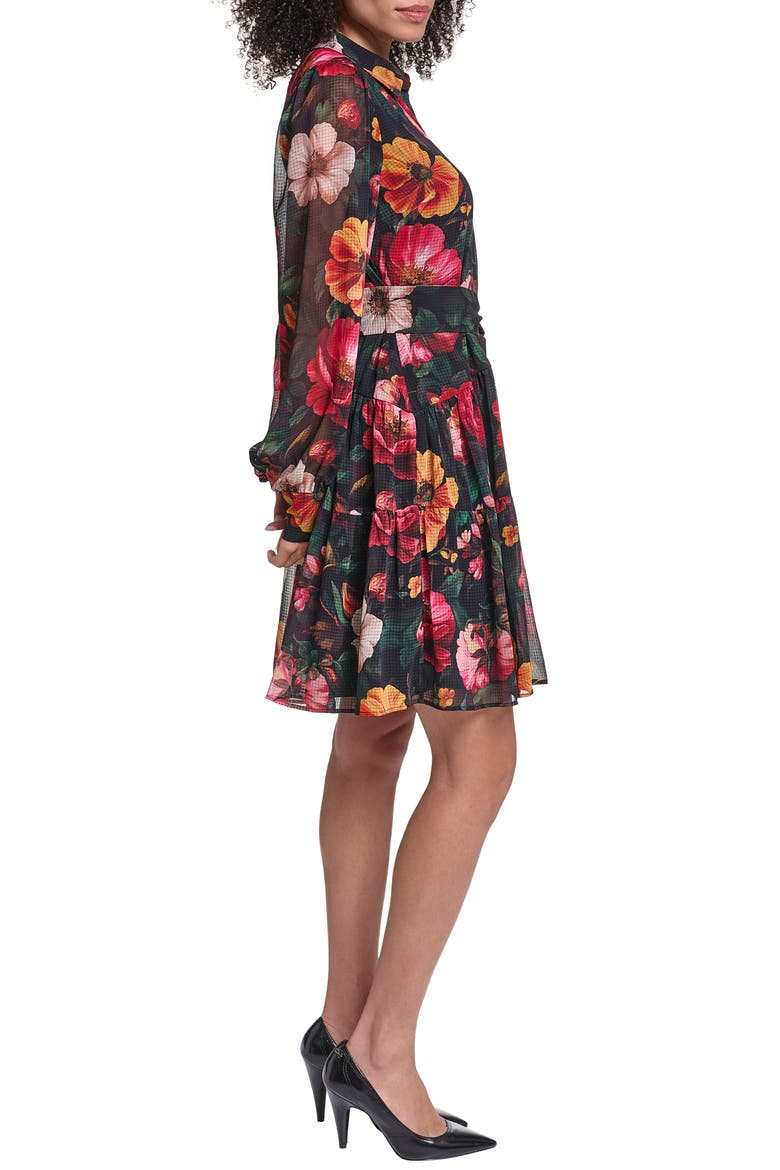 Print Tie Waist Long Sleeve Chiffon Dress, Alternate, color, BLACK PORT COMBO