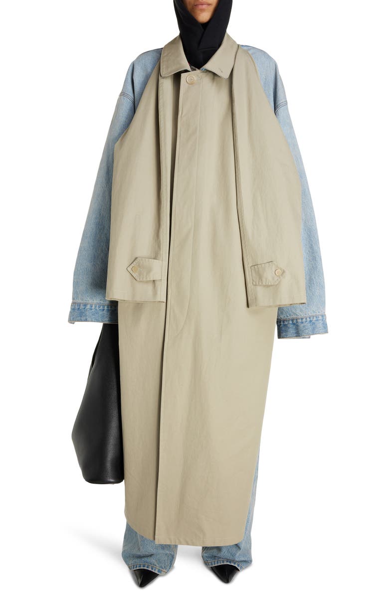 Balenciaga Cotton Drill & Denim Hybrid Car Coat, Main, color, Military Beige