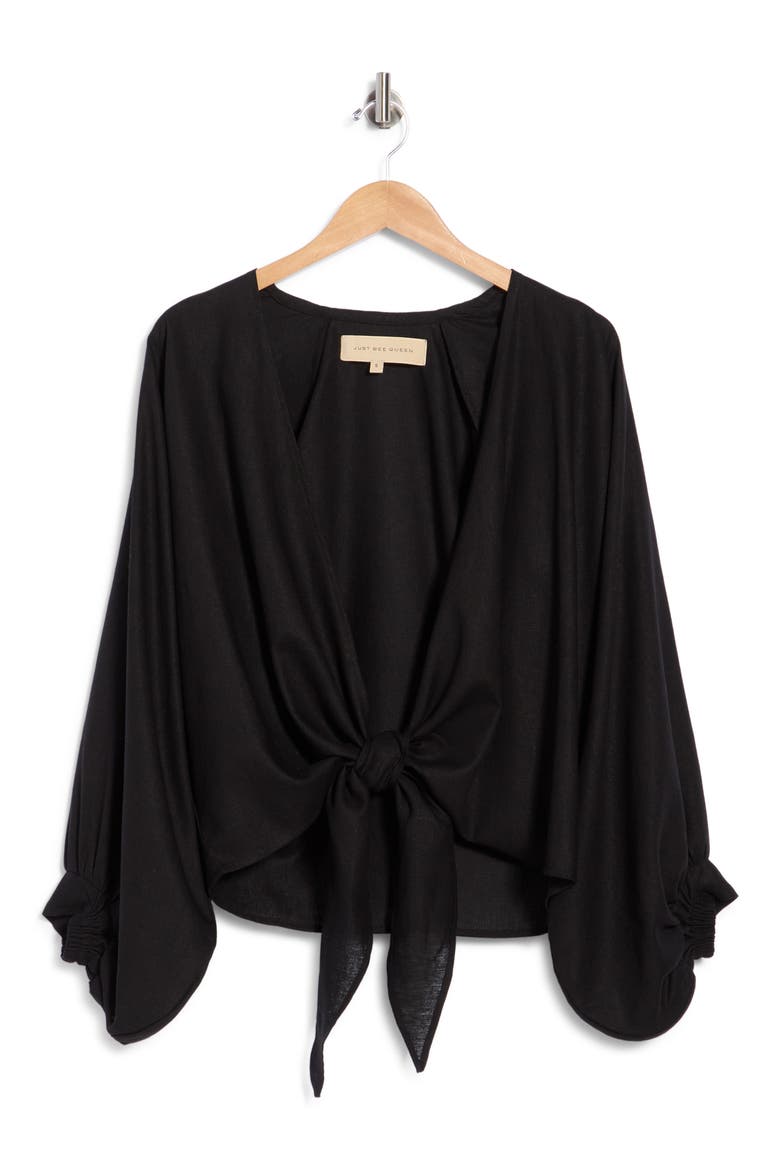 Adri Long Sleeve Tie Front Top, Main, color, BLACK