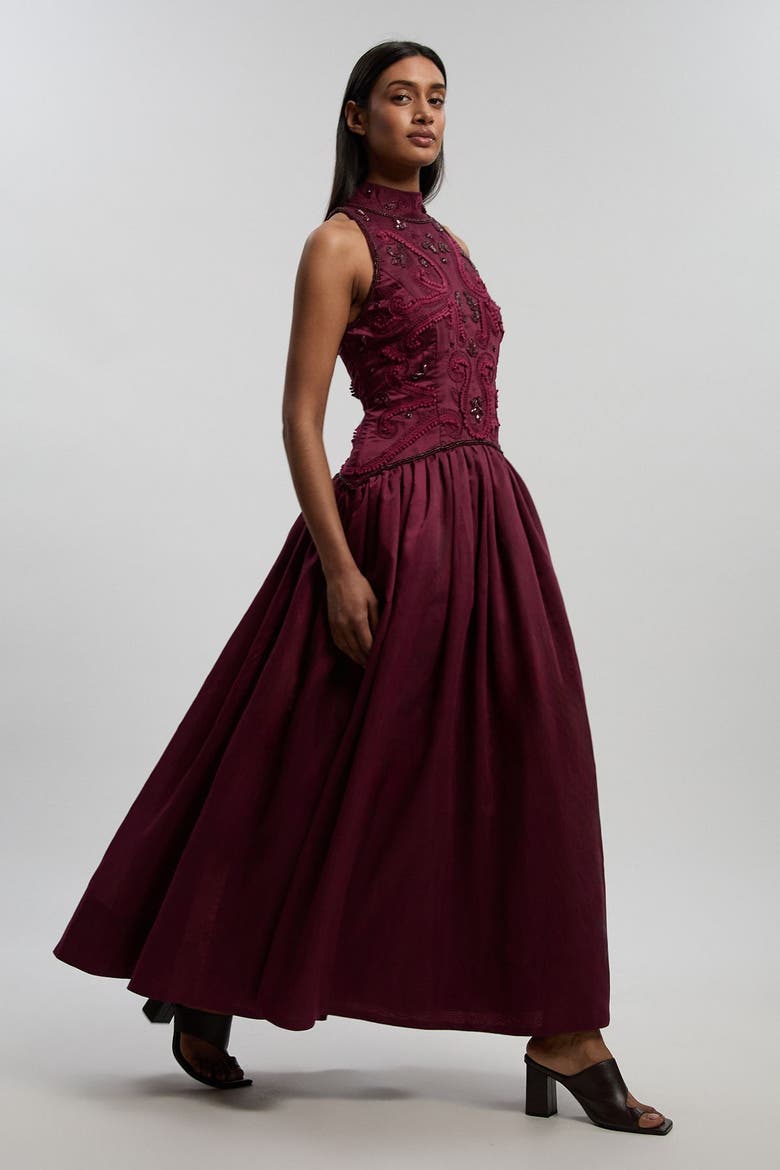 Taffeta High Neck Fit & Flare Dress, Alternate, color, Plum