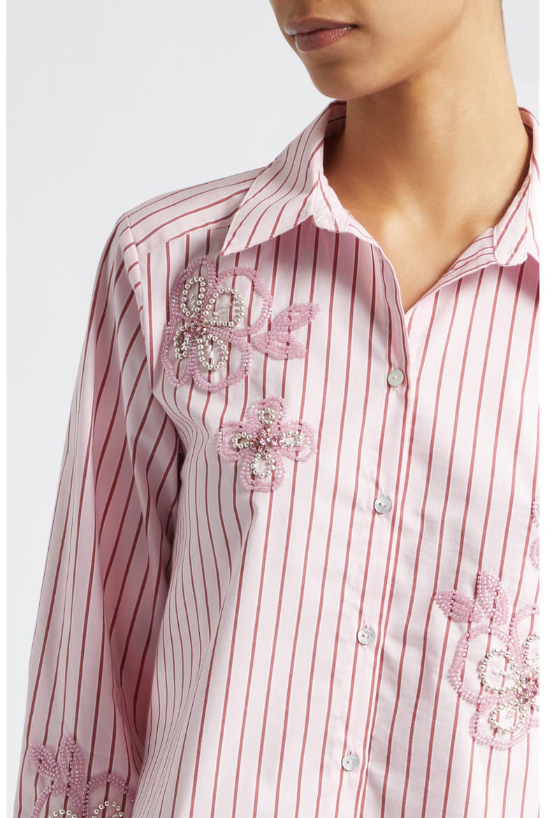 Rose Stripe Beaded Flower Button-Up Shirt, Alternate, color, COTTON CANDY/ CRIMSON PLUM