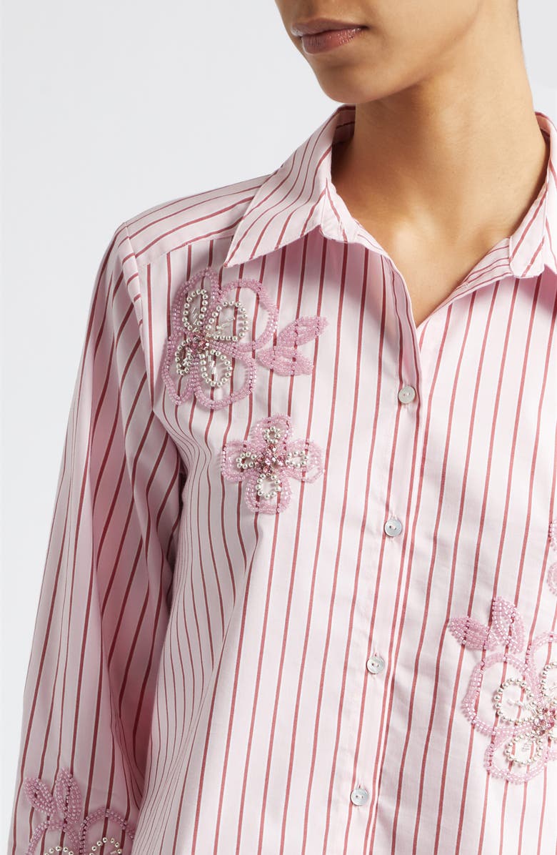 Cinq à Sept Rose Stripe Beaded Flower Button-Up Shirt, Alternate, color, Cotton Candy/ Crimson Plum