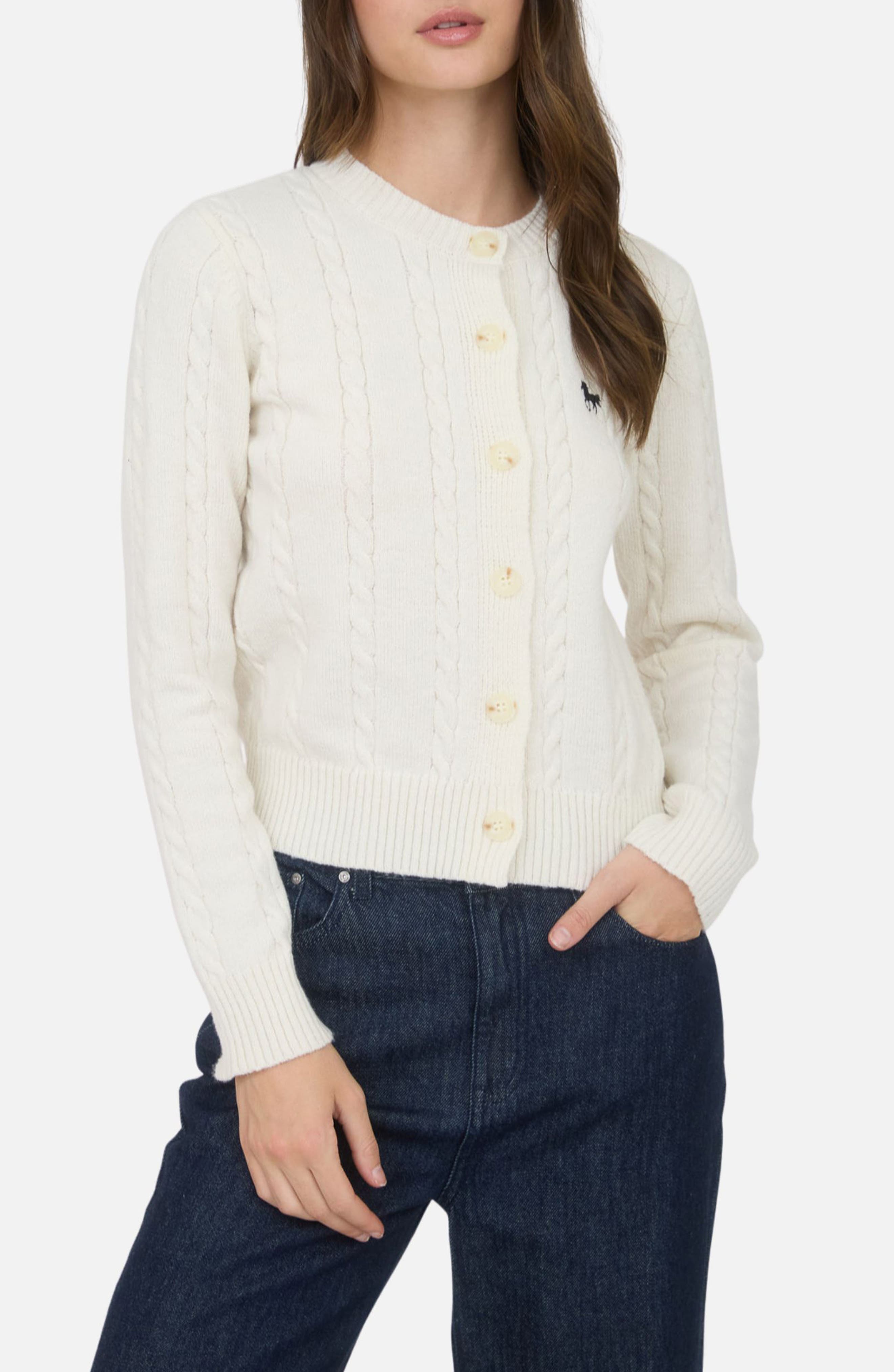 Blu Pepper Embroidered Horse Cable Knit Crop Cardigan In Cream
