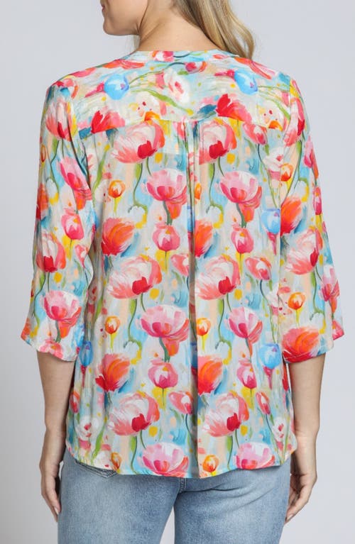 Apny Print Tassel Split Neck Chiffon Top In Pink/coral Multi