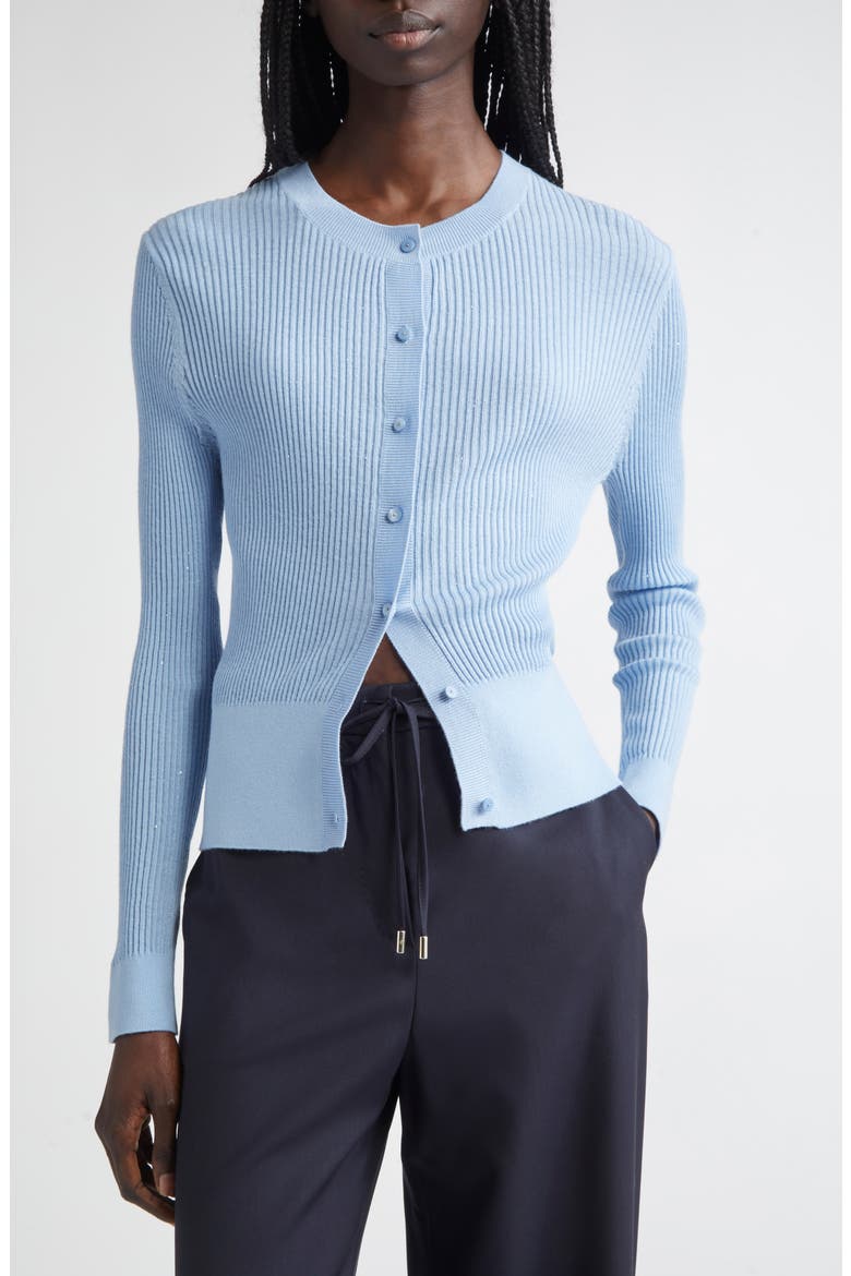 Ribera Sequin Rib Fitted Silk & Wool Cardigan, Main, color, LIGHT BLUE