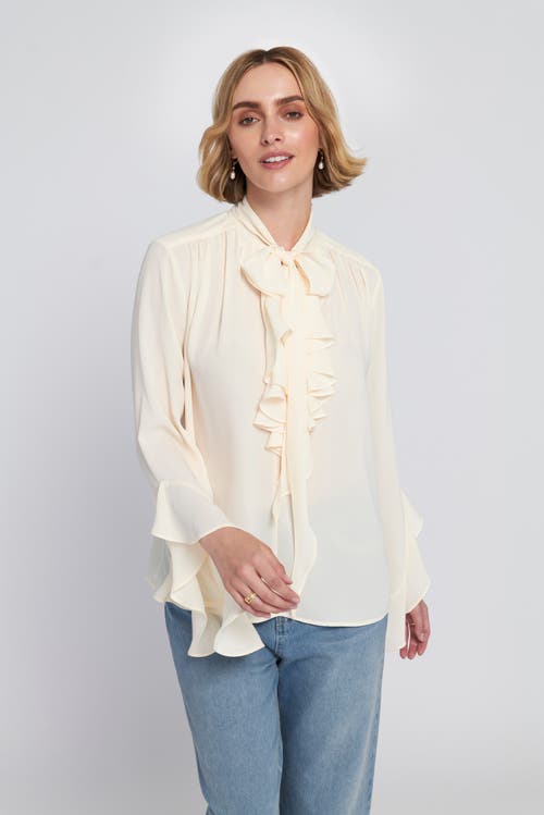 Elle Collection Flounce-trimmed Tie-neck Blouse Top In White