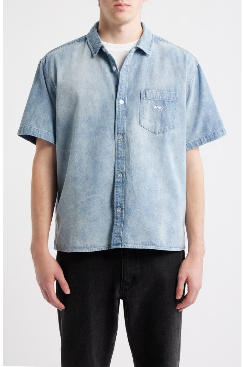 Owens Short Sleeve Denim Shirt, Main, color, BLEACHED INDIGO
