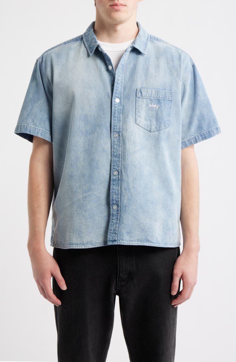 Obey Owens Short Sleeve Denim Shirt, Main, color, Bleached Indigo