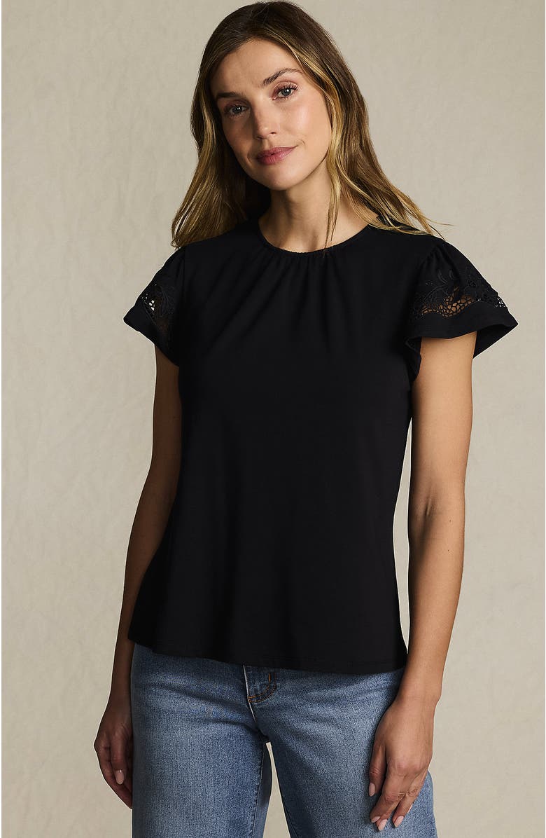 Lands' End Lightweight Jersey Crew Neck Ruffle Sleeve Flowy Top, Main, color, Black