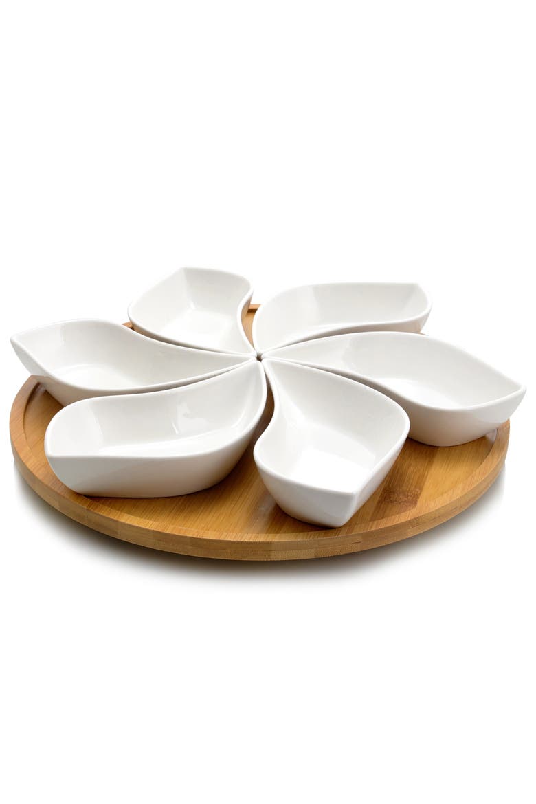 Modern 13.5 Inch 7pc Lazy Susan Appetizer and Condiment Server Set with 6 Unique Design Serving Dishes and a Wood Lazy Suzan Serving Tray, Alternate, color, White
