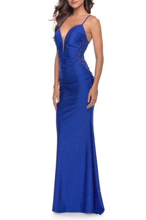 La Femme Rhinestone Prom Dress With Lace Applique Side Panels