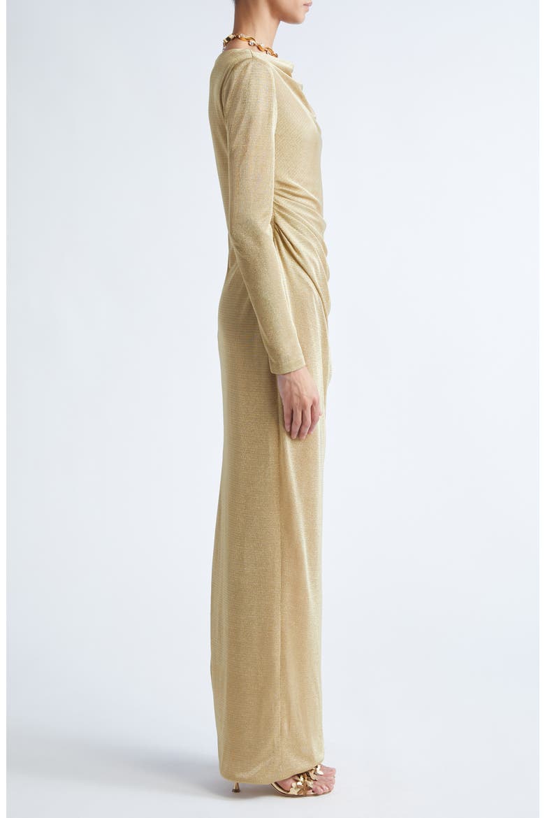 Draped Long Sleeve Metallic Jersey Gown, Alternate, color, GOLD