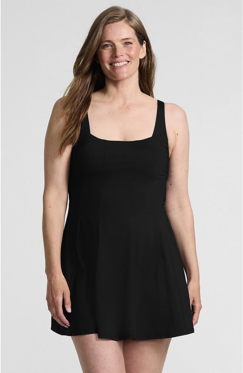 Lands' End Square Neck Corset Seamed Swim Dress, Main, color, Black