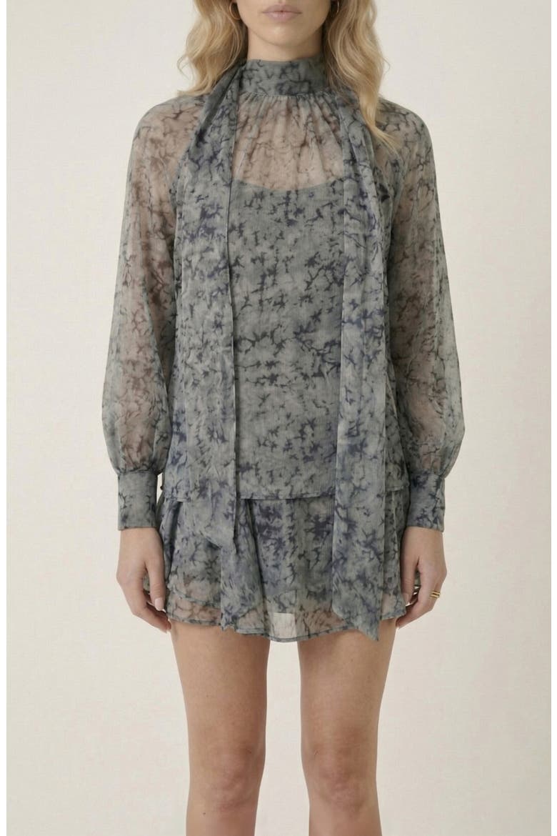 Sheer Printed Asymmetric Top & Skirt Set, Alternate, color, Muted Grey / Blue