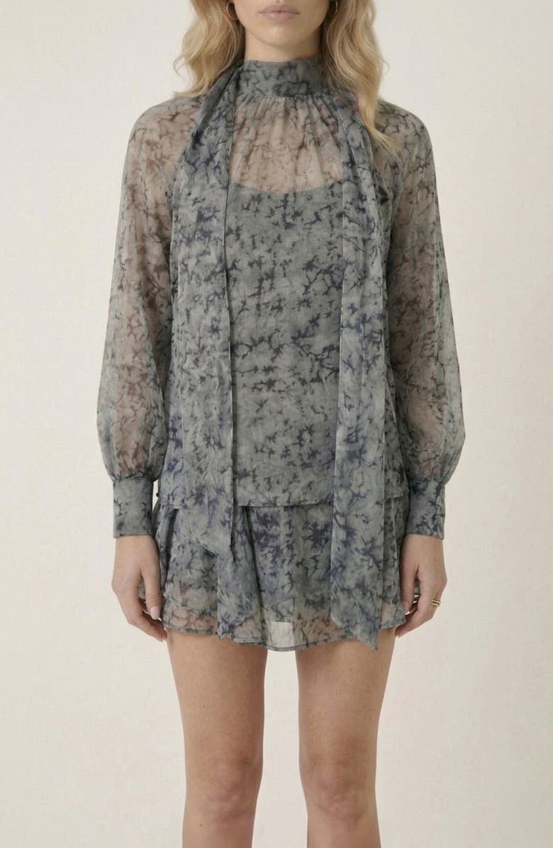 Modenaire Sheer Printed Asymmetric Top & Skirt Set, Alternate, color, Muted Grey / Blue