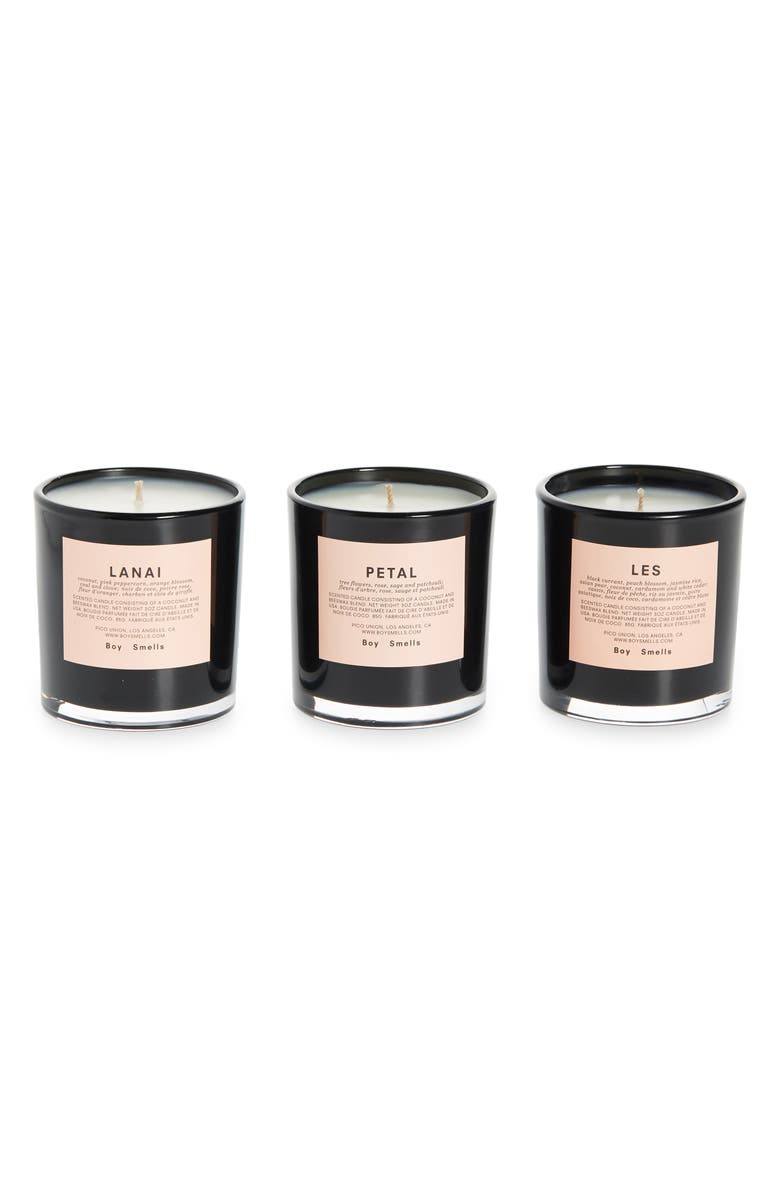 Boy Smells Les, Petal & Lanai Votive Candle Trio, Main, color,