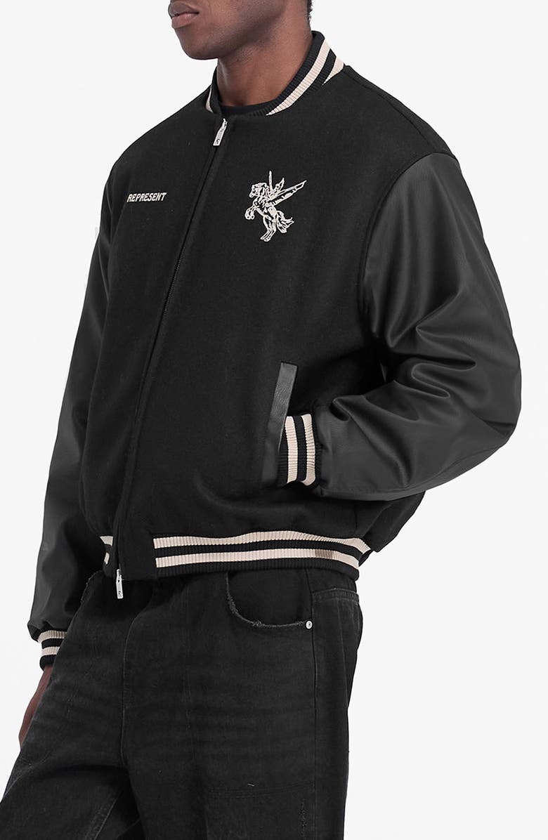 Represent Bellerophon Mixed Media Varsity Jacket, Alternate, color, 