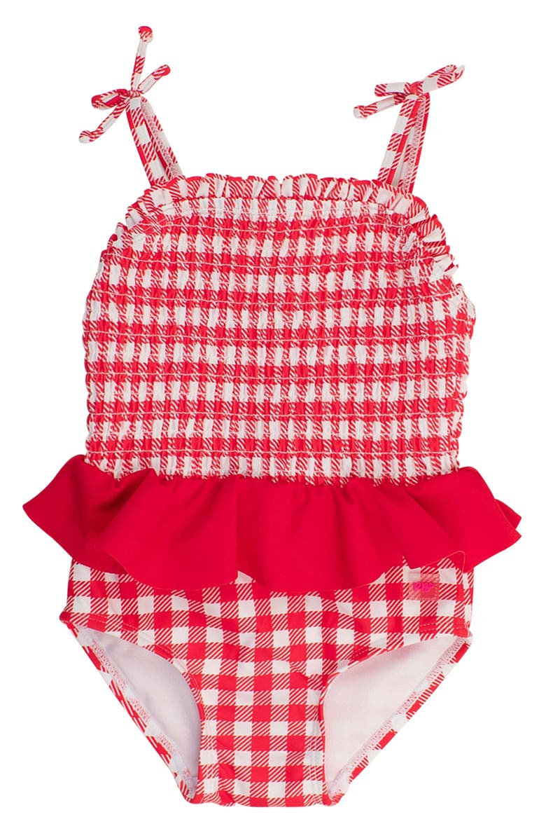 RuffleButts Kids' Red Gingham Smocked Peplum One-Piece Swimsuit, Main, color, 