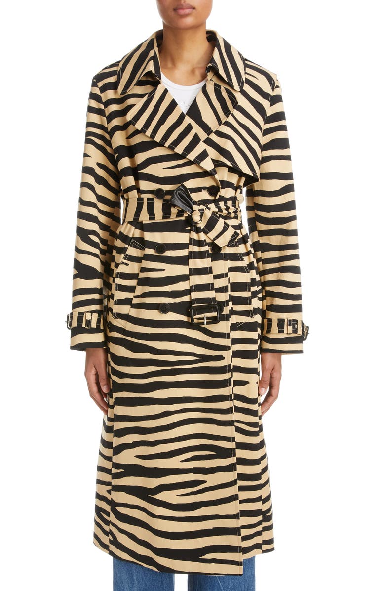 Rabanne Tiger Print Cotton Gabardine Trench Coat, Main, color, 