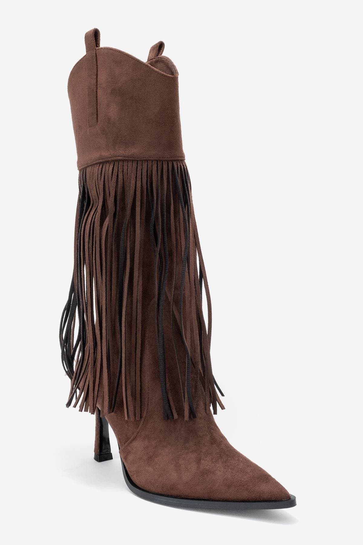 Gueras Fringe Pointed Toe Boot, Alternate, color, Brown Suede Faux Leather