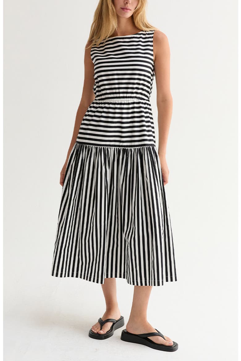 Cotton Blend Gathered Stripe Midi Dress, Alternate, color, White/Black