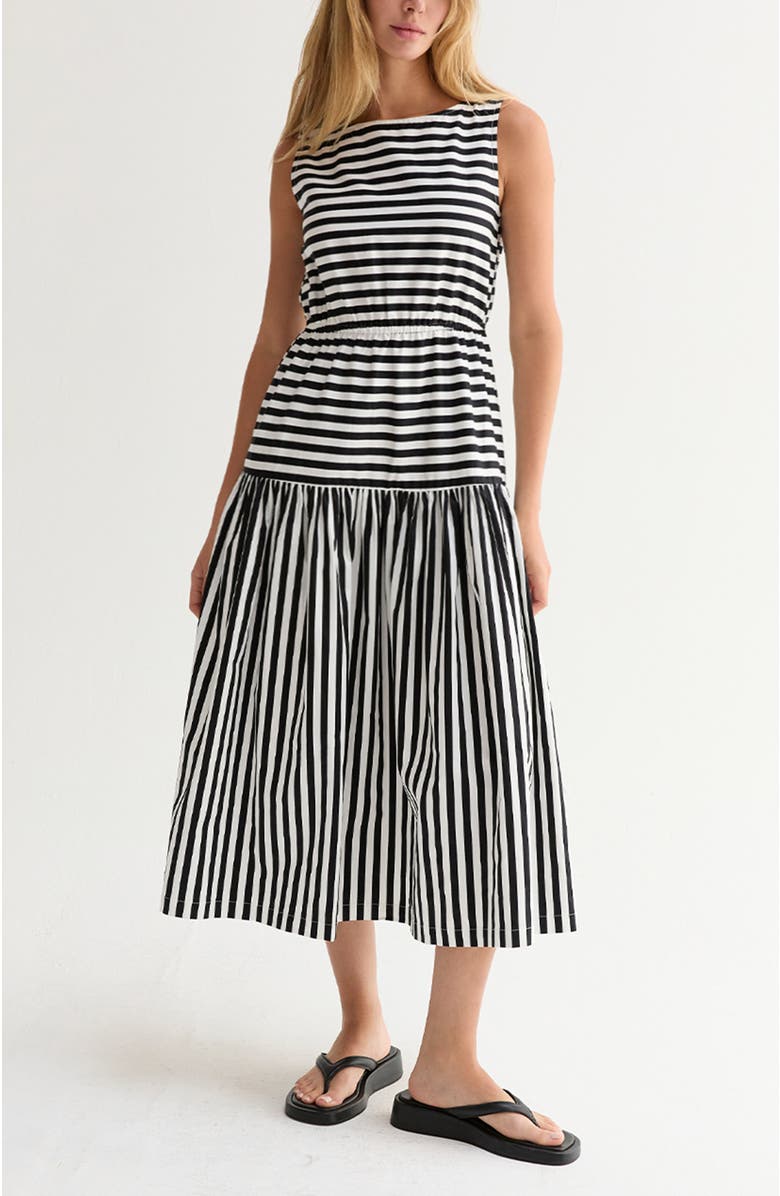 CRESCENT Cotton Blend Gathered Stripe Midi Dress, Alternate, color, White/Black