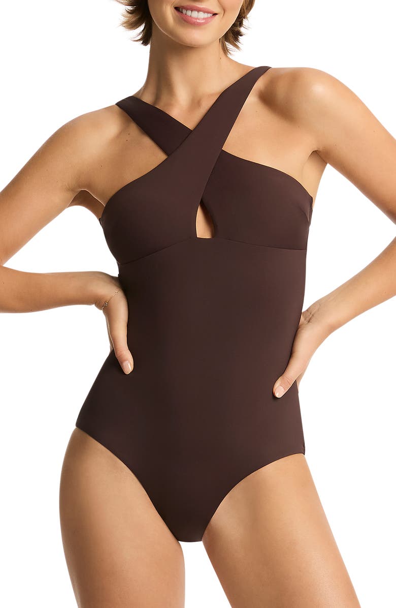 Sea Level Infinity Crossover Neck One-Piece Swimsuit, Main, color, 