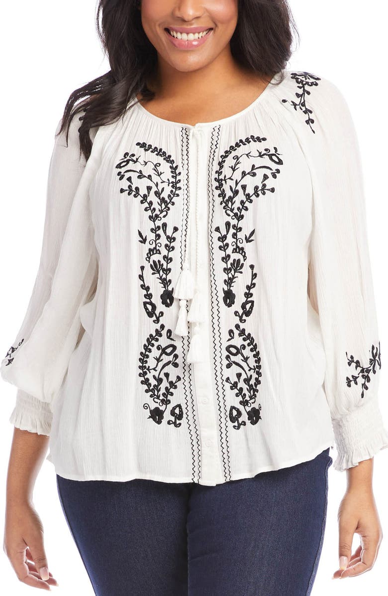 Karen Kane Embroidered Tie Neck Button-Up Peasant Blouse, Main, color,