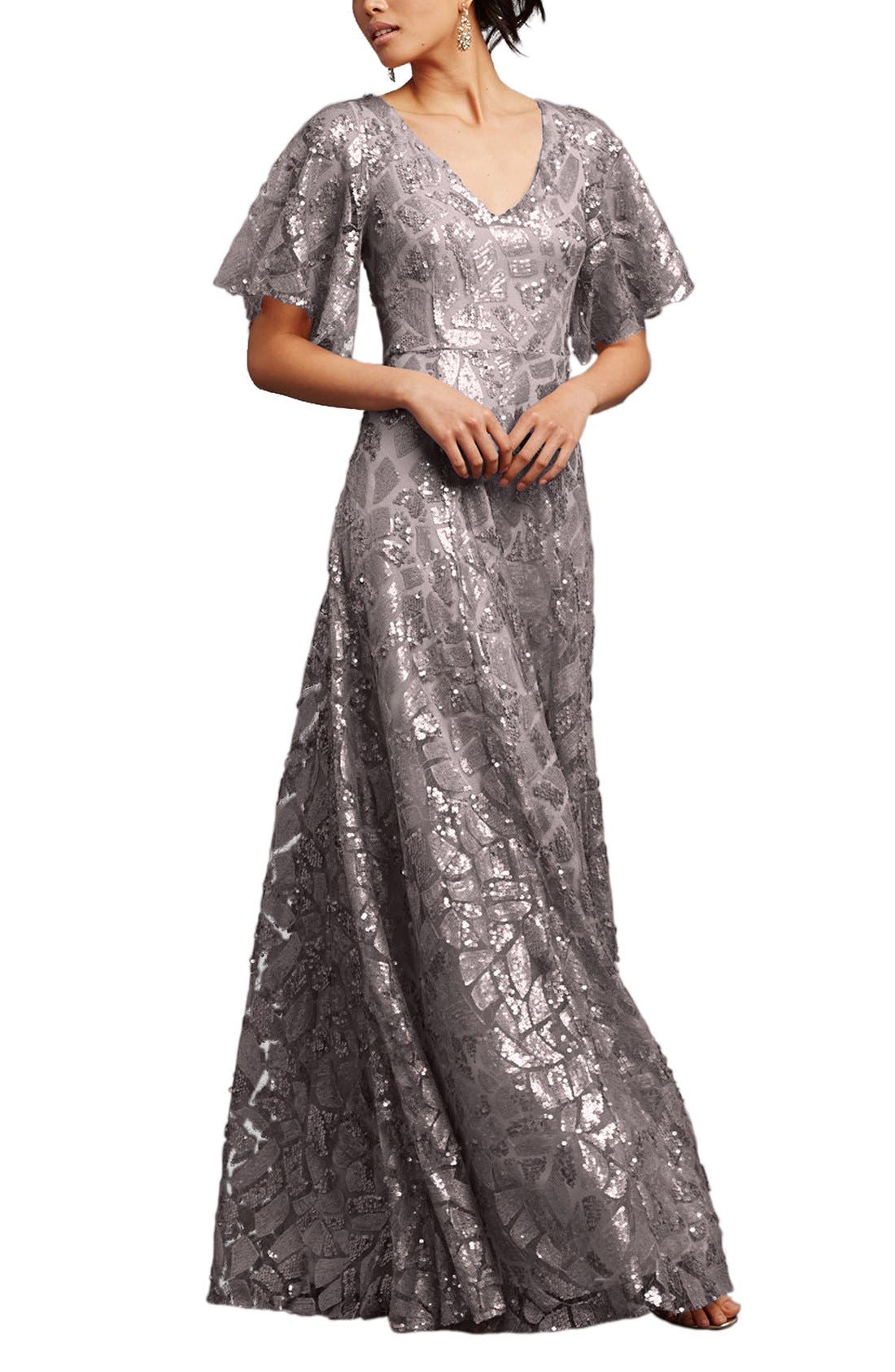 'Camilla' Sequin Flutter Sleeve Gown