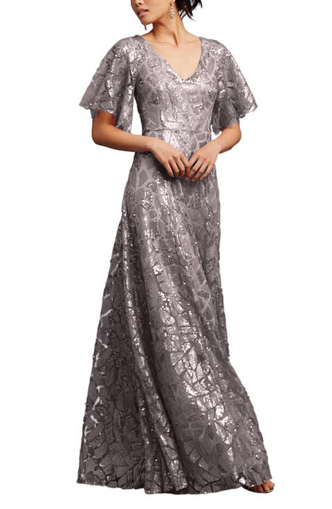 'Camilla' Sequin Flutter Sleeve Gown