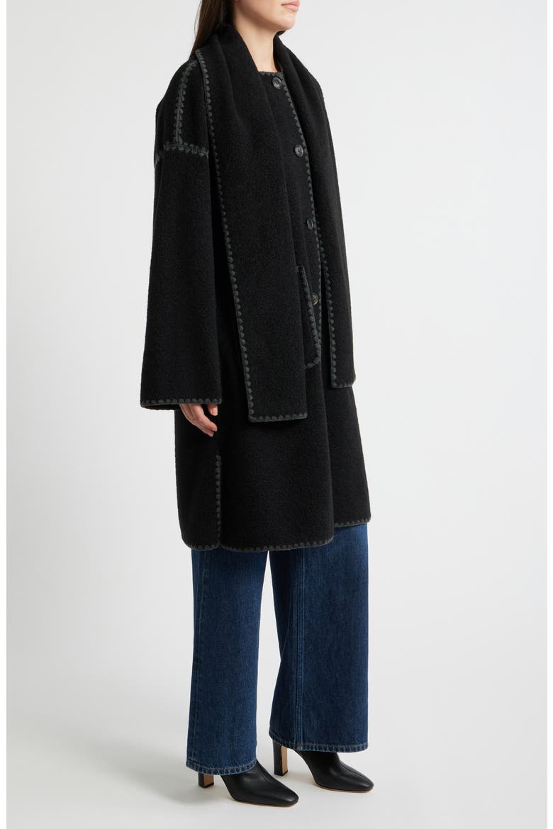 Embroidered Bouclé Coat with Scarf, Alternate, color, BLACK