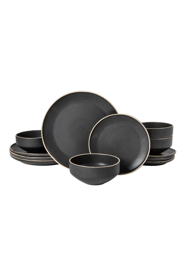 Plates and Bowls Set 12 Piece Matte Reactive Stoneware Dinnerware Set for 4, Main, color, Matte Black