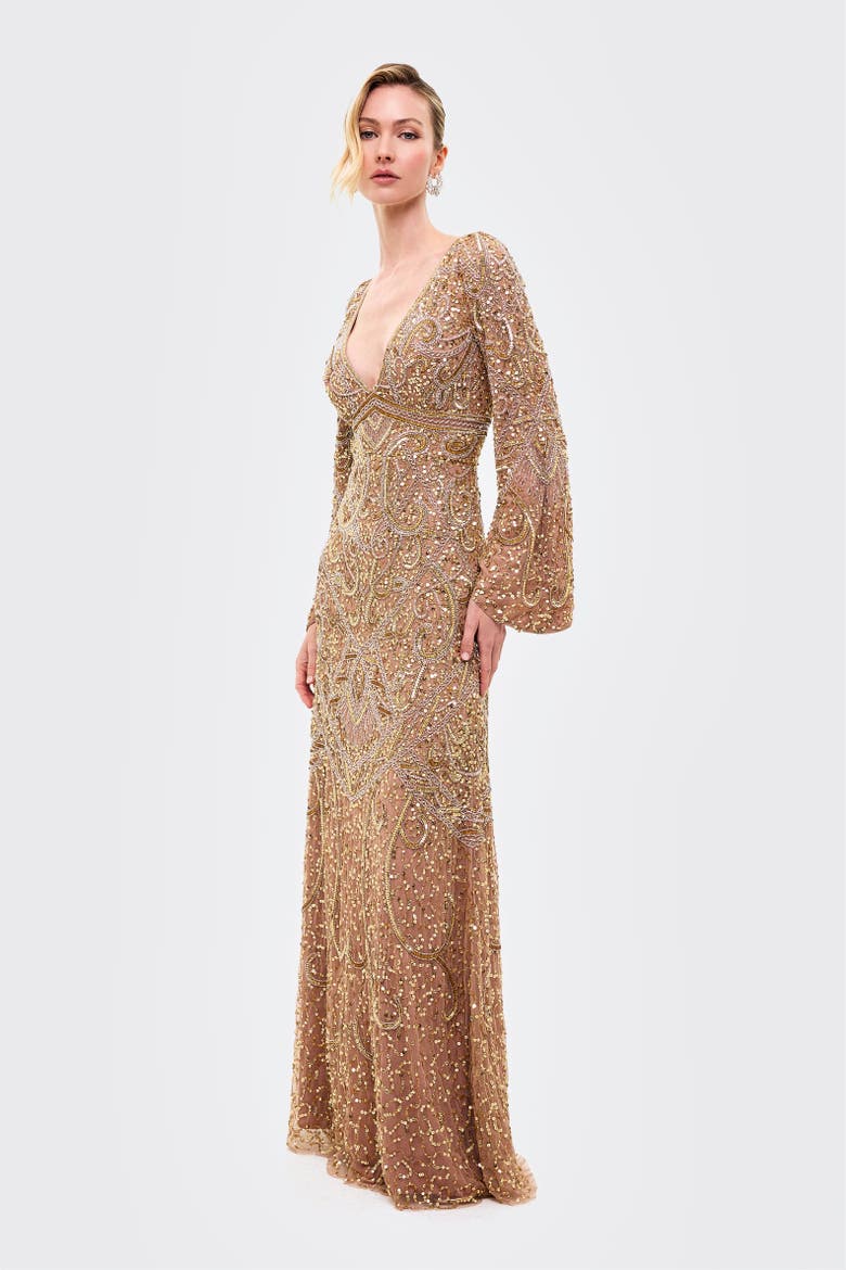 Embellished Sequin V-Neck Maxi Dress, Alternate, color, TAUPE BLUSH