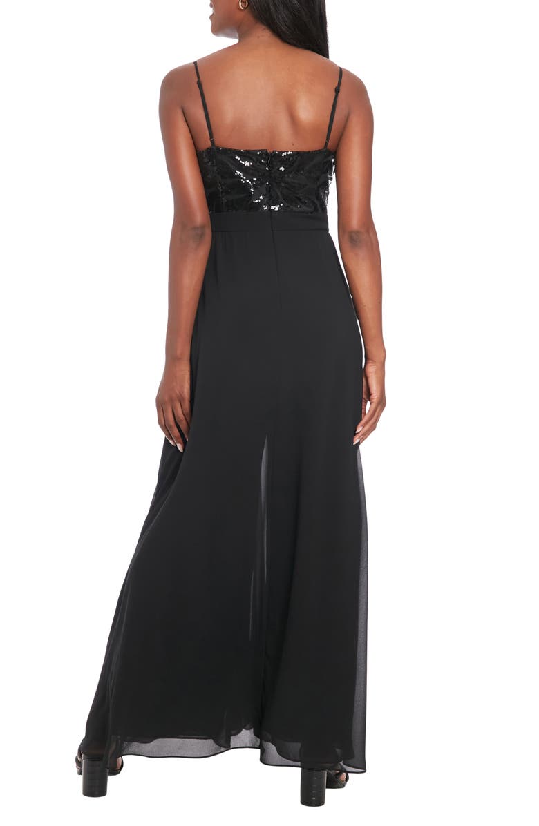 London Times Sequin Leaf Overlay Wide Leg Jumpsuit, Alternate, color, Black/ Black