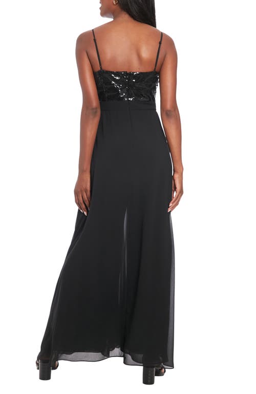 London Times Sequin Leaf Overlay Wide Leg Jumpsuit In Black