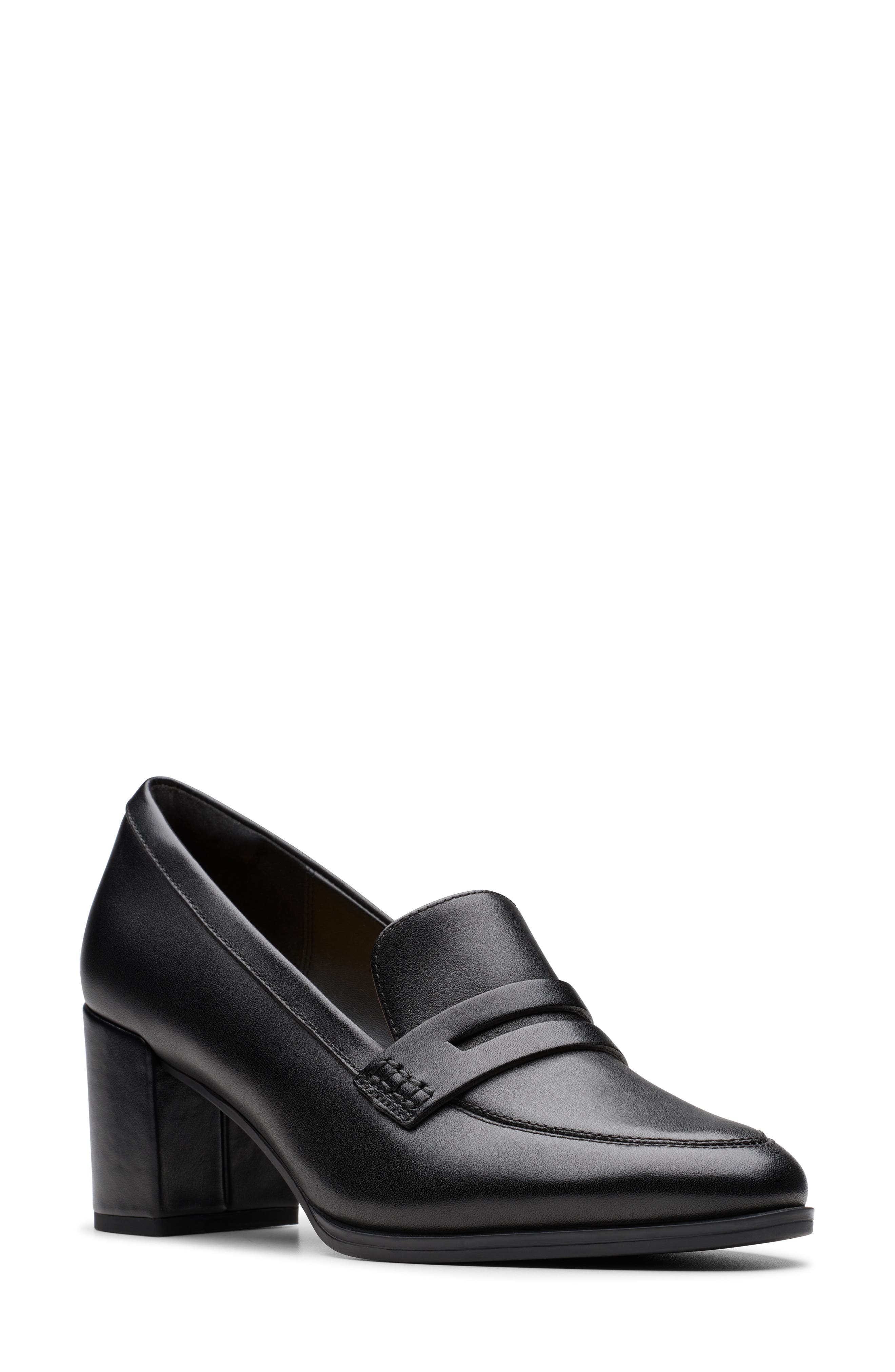 Clarks<sup>®</sup> Freva 55 Edge Penny Loafer Pump, Main, color, Black Leather