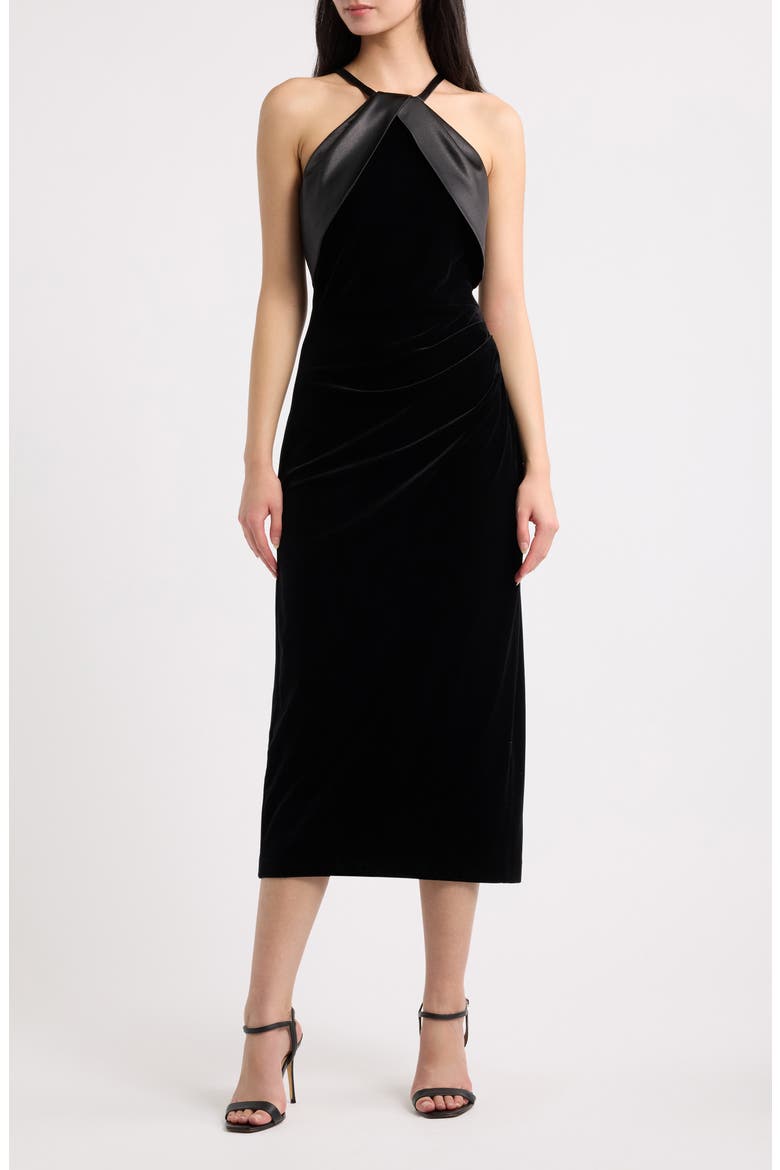 Satin & Velvet Cocktail Midi Dress, Main, color, BLK